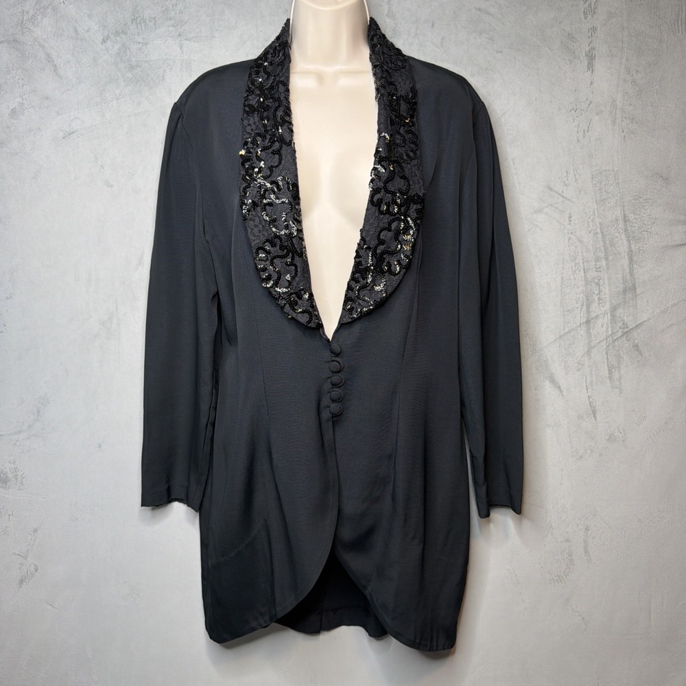 J.R. Nites by Caliendo Women's 14 Black Sequin Tuxedo Jacket Long Blazer